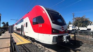 Caltrain Stadler KISS Emu 314 and 313 at Burlingame station from 92124 [upl. by Erdua]