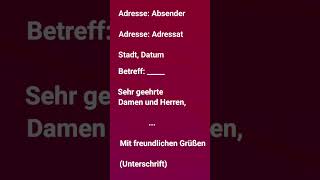 A2 B1 B2 Formeller Brief Adresse Absender Adresse Adressat Stadt Datum Betreff Sehr geehr [upl. by Allanson]