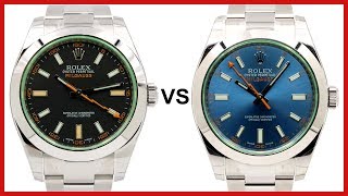 ▶ Rolex Milgauss Green Sapphire Crystal black vs blue Dial COMPARISON  116400 [upl. by Cordeelia]