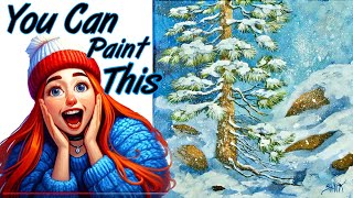 Snowy Pine Tree Landscape Step by Step Acrylic on Canvas Step by step Tutorial painting [upl. by Nirro]