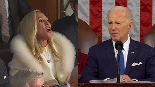 Marjorie Taylor Greene yells liar at President Biden in State of the Union full video [upl. by Anailuj48]