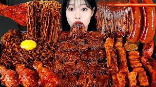 ASMR MUKBANG 직접 만든 불닭 짜장 버섯 양념치킨 소세지 먹방 amp 레시피 SPICY MUSHROOMS AND FIRE NOODLES EATING [upl. by Enyahs]