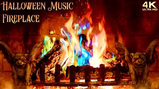 ✨🌙 Spooky Halloween Fireplace amp Music Ambience 🔥 Fire Crackling Swirling Fog Thunder amp Lightning [upl. by Dlonra797]