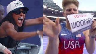 Hunter Woodhall wins Mens 400m T62 Paralympics Paris 2024 as Tara Davis Woodhall cheered him [upl. by Kirstyn]