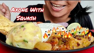 AXONE WITH SQUASH RECIPE  COOKING AND EATING AXONE WITH SQUASH AND ALU KA BHARTA [upl. by Tnecillim]