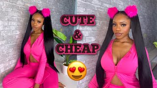 DOUBLE SLEEK PONYTAILS WITH WEAVE  TYPE 4 HAIR EASY [upl. by Ahtebbat]