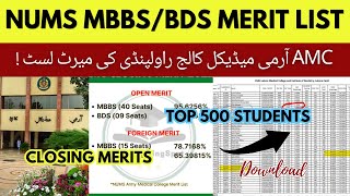 NUMS MBBS BDS Merit List 2023 Army Medical College AMC Rawalpindi Open Merit Seats Closing Aggregate [upl. by Ahtiekahs]