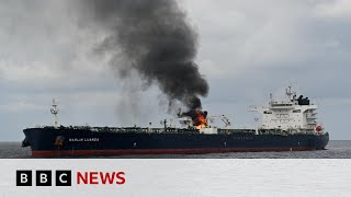 Marlin Luanda Oil tanker on fire for hours following Houthi attack  BBC News [upl. by Enomyar211]