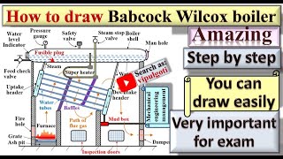 How to draw Babcock and Wilcox boilerwater tube boilergtuanimationSteam boiler [upl. by Einre970]