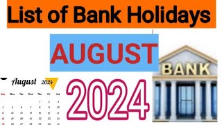 List of Bank Holidays August 2024 August 2024 Bank Holidays In India [upl. by Iderf]