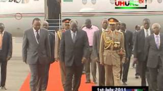 Uhuru Kenyatta welcoming President Kibaki at JKIA [upl. by Lilia]