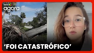 Brasileira comenta destruição causada por furacão Milton na Flórida ‘Estradas tomadas por árvores’ [upl. by Ettelrats972]