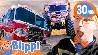 Monster Trucks and Firetrucks with Blippi  Vehicles Adventure  Educational Videos For Kids [upl. by Suaeddaht787]