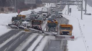 SNOW REMOVAL SIX SNOW PLOW CONVOY Bridge view [upl. by Repsag637]