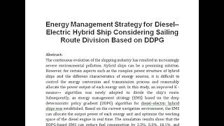 Energy Management Strategy for Diesel–Electric Hybrid Ship Considering Sailing Route Division Based [upl. by Tilagram]