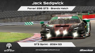 iRacing  24S3  Ferrari 296 GT3  GT3 Sprint  Brands Hatch  Jak [upl. by Thier]