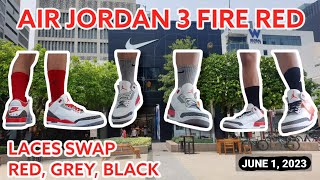 Air Jordan 3 Fire Red Laces Swap to Black Grey and Red  Yay or Nay [upl. by Berstine]