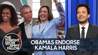 Obamas Endorse Kamala Harris for President 2024 Olympics Kick Off in Paris  The Tonight Show [upl. by Aenert165]