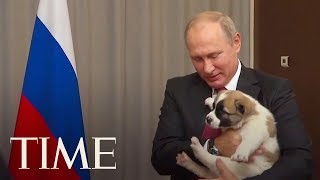 Heres The Awkward Moment When Vladimir Putin Got A Puppy As A Gift  TIME [upl. by Nomannic]