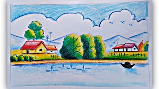 Beautiful village scenery drawing with pencil colour  Plastic crayon colour drawing [upl. by Elleira392]