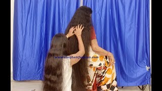 Massive Dense Below Knee Length Hair Indian Lady Brushing by Another Rapunzel [upl. by Nidnal]