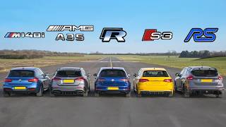 AMG A35 v BMW M140i v Golf R v Audi S3 v Focus RS  DRAG RACE ROLLING RACE amp BRAKE TEST [upl. by Eillime]