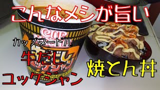 【飯テロ】ガッツリめし！「カップヌードル・牛だしユッケジャン ビッグ」＆焼とん丼を喰らう！！【大盛り】【ASMR】 [upl. by Ellemrac318]