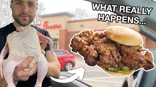 Fitting a WHOLE chicken in a sandwich ChickfilA parking lot [upl. by Xeno36]