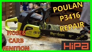 Poulan P3416P3314 Chainsaw Repair amp Service  Carb Rebuild Hoses Replaced amp Ignition How To [upl. by Barnie]