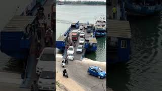 The old man pushes a tricycle to cross the river by boat The ferry crosses the river There are [upl. by Naharba]