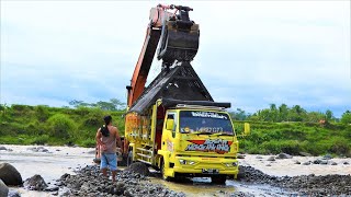 Sand Mining Excavator And Dump Trucks On The River [upl. by Idolla157]