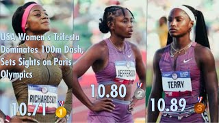 USA Womens Trifecta Dominates 100m Dash Sets Sights on Paris Olympics shacarririchardson [upl. by Illyes]