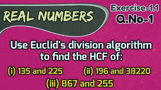 Ex 11 Q1  Real Numbers Use Euclids division algorithm to find the HCF of i 135 and 225 [upl. by Figge349]