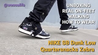 Nike SB Dunk Low Quartersnacks Zebra  unboxing onfeet walking [upl. by Ainezey343]