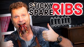 Sticky SPARE RIBS op de kamado BBQ SloRoller roken  Dutch Oven recepten [upl. by Kara]