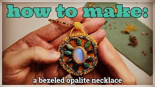 DIY ⭐️ bezeled opalite beaded necklace  beading tutorial  circular peyote stitch [upl. by Nekcarb669]