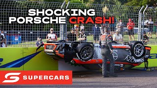 Porsche flips in INSANE Townsville crash  nti Townsville 500  2024 Repco Supercars Championship [upl. by Ahsiemat]