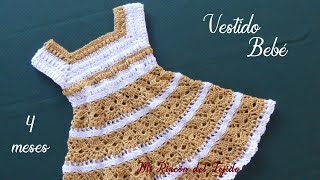 Vestido Bebe Crochet Ganchillo Blanco y Beige 4 a 6 meses Facil Tutorial Paso a Paso Parte 1 de 3 [upl. by Adigirb]