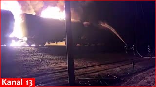 Ukrainian army struck Russian railway tankers transporting oil in Zaporizhzhia Strong fore occurred [upl. by Ennayelsel]