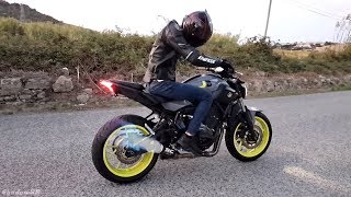 Yamaha MT07  SOUNDCHECK AND FLAMES  SC Project CRT Full Exhaust [upl. by Pozzy612]