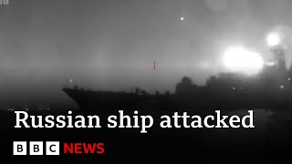 Video of Ukraine drone attack on Russian ship in Black Sea  BBC News [upl. by Jasik750]