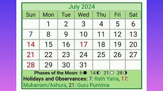 July 2024 Calendar  Jul 2024 Calendar  Indian Calendar With Holidays List  July 2024 Planner 🇮🇳 🗓 [upl. by Noraa]