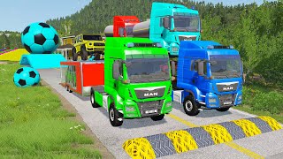 Double Flatbed Trailer Truck vs Speedbumps Train vs Cars  Tractor vs Train BeamngDrive 058 [upl. by Enelyam811]