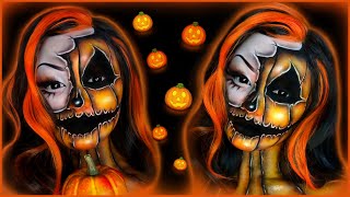 Cute HALF PUMPKIN Face  Halloween Makeup Tutorial  HIGHLY REQUESTED [upl. by Huckaby327]