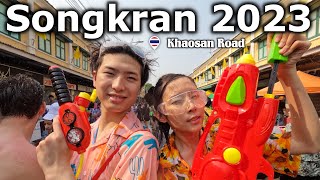 Songkran Festival 2023 Craziest Water Fight at Khaosan Road  Bangkok🇹🇭 Interview Tourists [upl. by Nnylylloh]