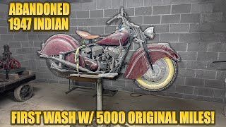 5000 Original Miles ABANDONED 1947 Indian Motorcycle  First Wash amp Drive in Decades [upl. by Jenesia]