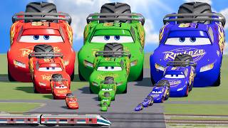 Big amp Small Red Mcqueen vs Green Mcqueen vs Blue Mcqueen with Rear Mono MonsterTruck wheel vs Train [upl. by Hepsiba]