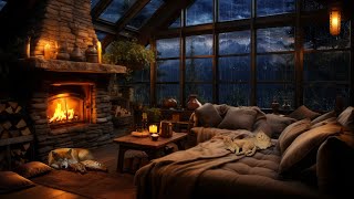 Rain amp Thunderstorm with Lightning Crackling Fireplace Cats and Dog  Cozy Ambience to Relax [upl. by Eibloc]