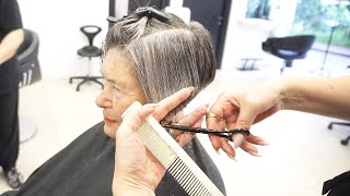 ANTI AGE HAIRCUT OVER 70  SHORT BOB UNDERCUT PIXIE GREY HAIR TRANSFORMATION [upl. by Norbel]