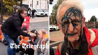 Insulate Britain protesters sprayed with ink as they block roads into London [upl. by Solange505]